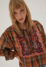 NWOT Kimchi Blue Ryder Embroidered Plaid Top Blouse Bohemian Hi Low