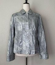 Chico’s Silver Metallic Embroidered Button Down Shacket Jacket