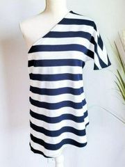 LEOTA, Navy White Striped Nautical One Shoulder Asymmetric Knit Top, Size Large