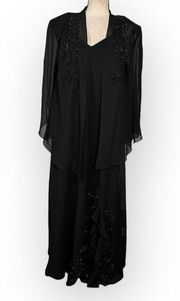 R&M Richards 2 Piece Gown Women's Plus 18W Black Beaded Maxi Dress Jacket