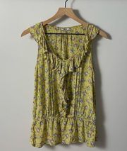 Sleeveless Yellow Floral Ruffle Neck Pleated Accent Top