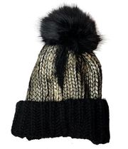 Aqua Black Beige Metallic Hat Faux Fur Pom New