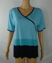 Exclusively Misook Striped Colorblock Faux Crossover Blouse Top Blue Black Large
