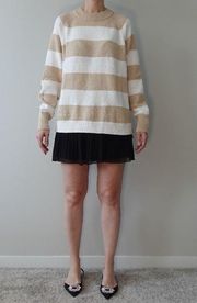 Cream & White Striped Knit Cozy Crewneck Sweater Size L