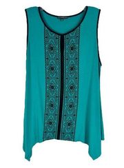 Adrianna Papell Large Tank Top Handkerchief Hem Green Black Embroidered 582