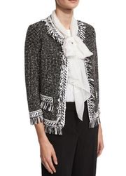 ST JOHN Nita Black White Tweed Fringed Sweater Jacket Blazer Wool Blend Womens 8