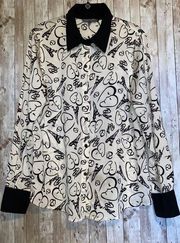 Catherine Malandrino Black & Cream Paris Print Snap Button Top Blouse Size Large