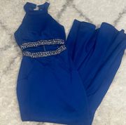 Blue formal long prom dress with sequins high neck and split hem