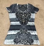 Daytrip V-neck Sequin Shirt Medium Navy & White