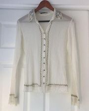 Elie Tahari Beaded Embroidered Sheer Snap Down Top