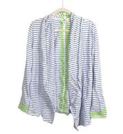 Vineyard Vines blue and white striped open front cardigan with green eyelet