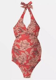 NWT Isabel Maternity Pink Floral Halter One Piece Swimsuit Size Large