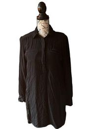 Lou & Grey Women's Shirt Dress Roll Tab Sleeves Solid Black Casual Size XS