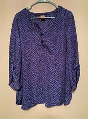 Faded Glory Tunic Top Laces V Neck Blue Black Print 3/4 Sleeve Chiffon 3X