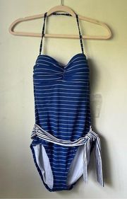 Blue White Striped Belted Swim One Piece Bathing Suit 8