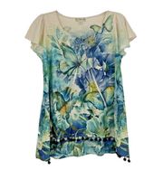 Live And Let Live Boho Floral Butterfly Top Embellished High Low Pom Trim Size S