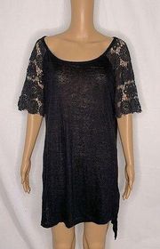 Sea Gypsies Flax Slub Mini Dress Floral Crochet Lace  Small 1/2 Sleeve Black