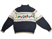 Vtg 1990s Spice of Life Black Ivory 3D Floral Embroidered Mock Neck Sweater S