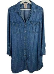 Philosophy 100% Tencel Chambray Button Front Collard Polka Dot Shirt Dress Sz L