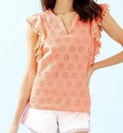 Lilly Pulitzer Astara Top in Peach Flamingo palm Tree Eyelet with pom poms xs