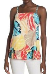 Laundry by Shelli Segal Tropical Pleat Tank Top Tunic Floral Leaf Small Petite