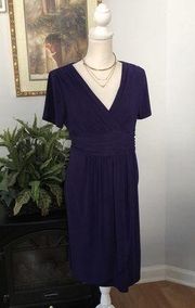 Evan Picone Dress Size 10P Purple Short Sleeve Ruched Waist V-Neck