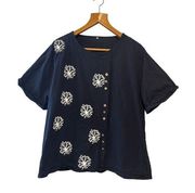 Navy Blue & White Spring & Summer Blouse with Offset Buttons—Size 5X