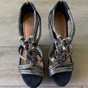 Schutz Black Wedges with Metallic Gold Woven Detail Size: 8.5