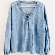 True Craft Blue Cotton Blend Sot Denim Lace up Oversize Shirt ~ Plus Size 3X