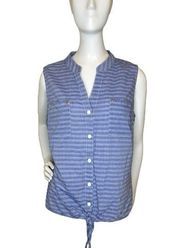 Anne Klein Women's L Blue Striped Sleeveless Blouse Tie Hem Dual Pockets Button