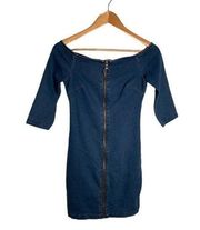 Almost Famous Denim Dress Zip Up Body Con 3/4 Sleeve Size Medium EUC