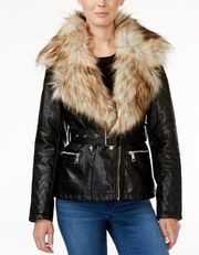 Guess Black Tori Vegan Leather & Fur Trim Moto Jacket M