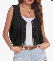 Boho Western Fringe Vest Women Faux Suede Open-Front