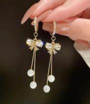 Women's Crystal Bow Tassel Dangle Drop Hoop Earrings