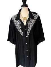 Bob Mackie Top Embroidered Striped Pearl Button Up Shirt Black White Long Sleeve