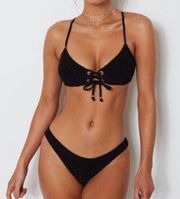 White Fox Boutique  Zulu Bikini Set Black Rose Gold Ruched L NWT