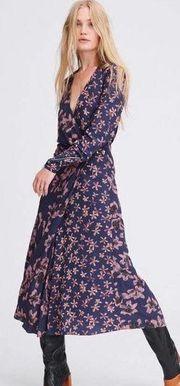 Rag & Bone Odette V Neck Long Sleeve Blue Floral Wrap Midi Dress US 2