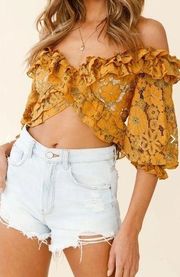 SELFIE LESLIE ROSARITO BALLOON SLEEVE HALTERNECK LACE CROP TOP MUSTARD/OLIVE