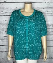 Woman Within NWT Size 22/24 1X Turquoise & White Polka Dot Sweater Cardigan