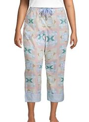 LANDS END Cotton Poplin Pajama Crop Pants ROSE CIRCLE OF FRIENDS QUILT