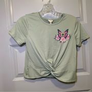 Self Esteem Green Butterfly Graphic Short Sleeve Twist Knot Crop top size M