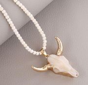 Bohemian Bull Head Gold and White Pendant Necklace OS NWT