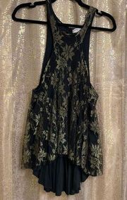 Free People  Black Metallic Gold Lace Mesh Open Back Tank Top Medium