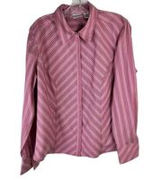 Fashion Bug Zip Front Shirt Pink Mauve Stripe Long Sleeve Blouse Size XL