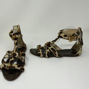 Miu Miu Calf Hair Leopard Cheetah Animal Print Studded Gladiator Flat Sandals 8