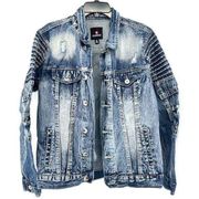 Southpole Distressed Faded Button Front Collared Denim Jean Jacket Large