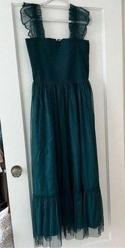 Melloday Emerald Green Organza Ruched Ruffle Maxi Dress Size Large NWT