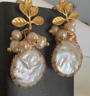 Gold Plated Natural Cultured Pearl Drop Earrings Luxury Floral fine jewelry