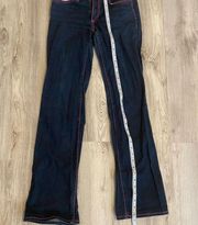 hot pink vintage contrast stitching dark wash low rise flare leg versace jeans