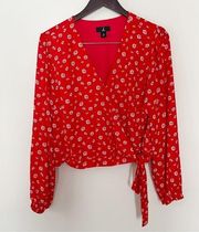 J Jason Wu Floral Print Long Sleeve Wrap Blouse Fiery Red Daisy Size M A395376